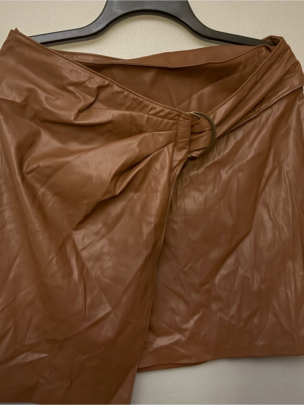 Bailey 44 Cognac Faux Leather Wrap Mini Skirt with Ring Detail